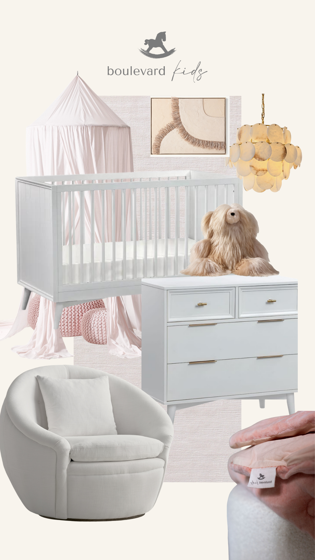 Nursery with white crib, changing table, and chair, featuring 'boulevard kids' branding.